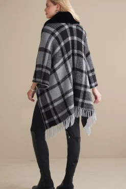 Demetria Plaid Poncho with Fur Collar
